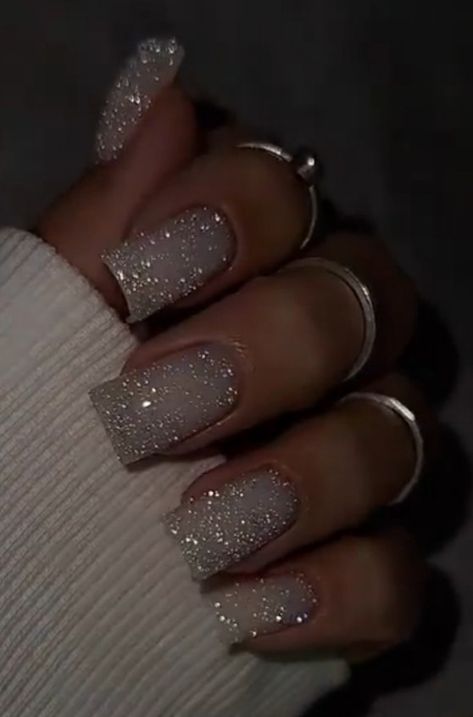 White Silver Wedding Nails, Nails For Grey Dress, Square Glitter Acrylic Nails, Silver Nails Sparkle, Gray Sparkle Nails, Grey Sparkly Nails, Grey Sparkle Nails, Glittery Purple Nails, Sparkly Nails Acrylic