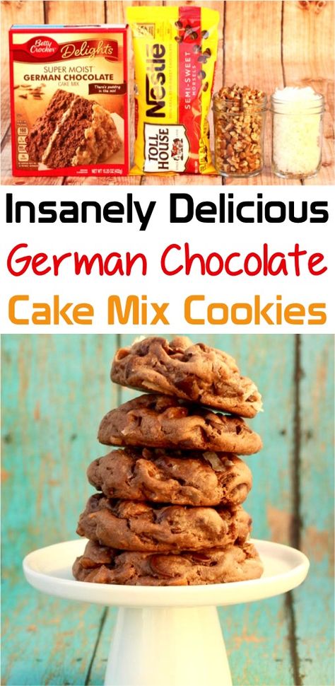 German Chocolate Cake Mix Cookies, Brownie Cookies From Mix Boxes, German Chocolate Cake Cookies, Chocolate Box Cake, Chocolate Cake Mix Recipes, German Chocolate Cookies, Box Cake Recipes, Cake Box Cookies, Chocolate Cake Mix Cookies