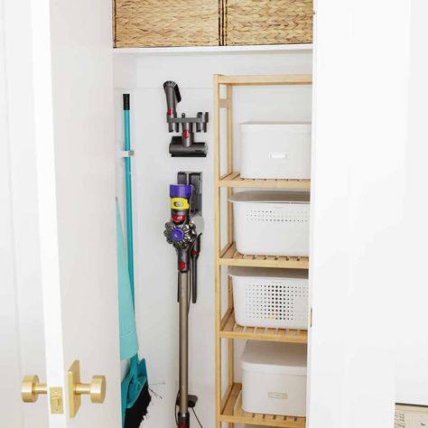 Broom Closet Organizer, Hall Closet Organization, Organize A Closet, Emily Henderson Design, Stackable Shelves, Utility Closet, Hallway Closet, Broom Closet, Coat Storage