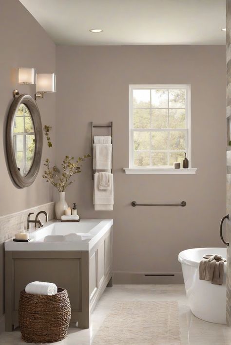 Step into a serene oasis with the perfect blend of Smokey Taupe 983 and Taupe Tranquility - your bathroom deserves the 2024 charm upgrade! #Ad #homedecor #homedesign #bathroom #Painthome interiorarchitecture best Wall Colors for Bathroom Colors Bright Room Colors best colors combinations bathroom bathroom Remodeling Modern Paint Colors 2024 Farmhouse Bathroom Colours, Muted Bathroom Colors, Smokey Paint Colors, Light Brown Bathroom Walls, Gray Taupe Paint Colors, Medium Taupe Paint Colors, Neutral Bathroom Wall Colors, Gray Bathroom Vanity Wall Color Ideas, Modern Bathroom Paint Ideas