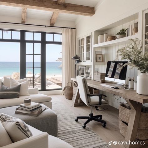 Beach Office Design, Beach House Home Office, California Coastal Interior Design Bedroom, Home Office Beach Style, Nautical Home Office, Beach House Library, West Coast Style Homes Interior Design, Bloxburg Coastal Office Ideas, Costal Office Room