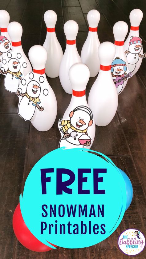 Turn your bowling toy set into a snowman themed game. Use this snowman bowling game for speech and language goals. Free Snowman Printables, Snowman Bowling, Snowman Printables, Sneezy The Snowman, Bowling Toys, Winter Speech Therapy, Printable Snowman, Speech Language Activities, Language Goals