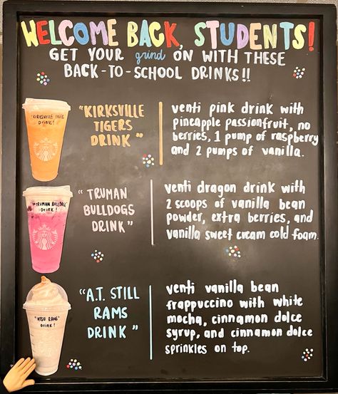 #chalkboard #starbucks #starbuckssigns #chalk #chalkpaint #backtoschool #school #starbucksdrinks #barista #coffee #starbucksboards Barista Board Ideas, Back To School Coffee Drinks, Barista Of The Week Board, Gemma Core, Barista Life, Starbucks Ideas, Custom Drinks, Starbucks Secret Menu Recipes, Cinnamon Dolce Syrup