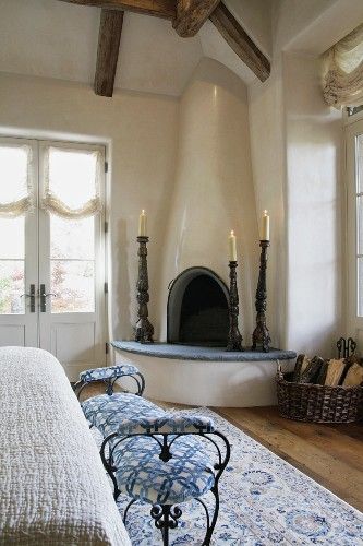 Small Corner Fireplace Ideas, Fireplace In Corner, Homemade Fireplace, Corner Of Bedroom, Adobe Fireplace, Italian Fireplace, Corner Fireplace Living Room, Cabin Accessories, Kiva Fireplace