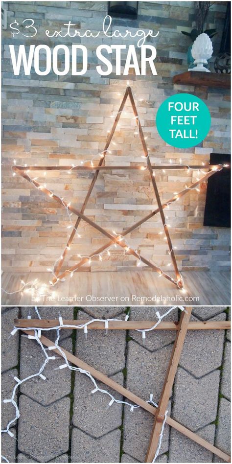 Make this easy DIY extra large rustic wood star for just $3 -- and adding lights, it's still budget-friendly large Christmas decor at under $10! Perfect for the front porch or by the fireplace. Tutorial from The Learner Observer on Remodelaholic.com Large Christmas Decor, Diy Christmas Fireplace, Large Christmas Decorations, Diy Christmas Star, Outdoor Christmas Diy, Diy Christmas Lights, Christmas Light Installation, Christmas Fireplace Decor, By The Fireplace