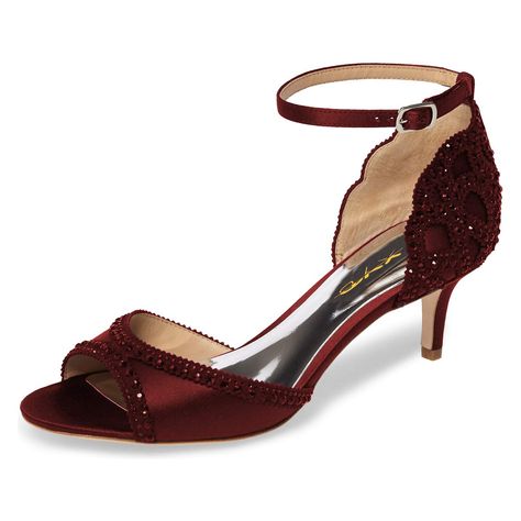 VCSHOES Maroon Satin Open Toe Kitten Heel Rhinestone Ankle Strap Sandals Maroon-3 Rhinestone Wedding Sandals, Elegant Sandals, Spot Lights, Rhinestone Sandals, Wedding Sandals, Maroon 5, Prom Shoes, Strap Pumps, Ankle Strap Pumps