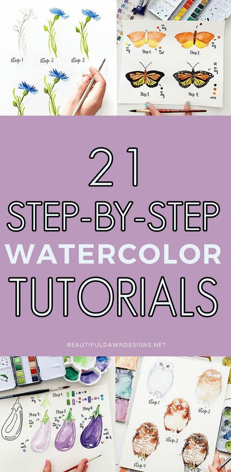 Drawing Ideas Using Watercolor, Watercolor 101 Tutorials Art Lessons, How To Paint Watercolor Flowers Step By Step, Watercolor Painting Drills, Water Coloring Ideas Easy Sunset, Watercolor Diy Easy, Watercolor How To Paint, Watercolor Art Intermediate, Paintings Ideas Watercolor