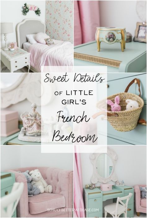 Sweet details of a little girls french bedroom French Inspired Girls Bedroom, Girls French Bedroom, Antique Girls Bedroom, French Provincial Girls Bedroom, Garden Themed Bedroom, French Aesthetics, French Ethereal, Blue Girls Rooms, Narrow Living