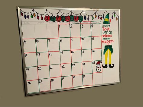 Large Dry Erase Board with Bullet Journal Style Calendar with Buddy the Elf as the Theme for the month of December! December White Board Calendar, Christmas Whiteboard Calendar Ideas, December Calendar 2023 Whiteboard, December White Board Ideas, December Whiteboard Ideas, December Dry Erase Calendar Ideas, December Whiteboard Calendar, Christmas Dry Erase Board Ideas, December White Board Calendar Ideas