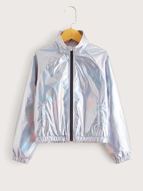 Girls Raglan Sleeve Holographic Metallic Jacket | SHEIN USA Metallic Hooded Winter Outerwear, Fitted Metallic Shiny Outerwear, Holographic Raincoat, Iridescent Raincoat, Holographic Jacket, Metallic Jacket, Metallic Fabric, Girl Coat, Girls Jacket