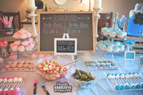 Pearls, Handcuffs, and Happy Hour: Gender Reveal Party Dessert Table Gender Reveal Appetizers, Reveal Party Food Ideas, Gender Reveal Party Food Ideas, Gender Reveal Dessert, Gender Reveal Food, Baseball Gender Reveal, Gender Reveal Party Food, Gender Reveal Box, Creative Gender Reveals