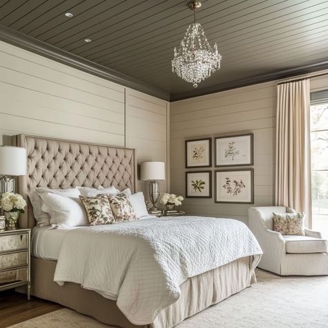 Mdf Shiplap Ceiling, Shiplap Walls And Ceilings Bedroom, Painted Shiplap Bedroom, Painted Shiplap Walls Bedrooms, Coffered Ceiling With Shiplap, Modern Farmhouse Bedroom Master Suite Shiplap, White Shiplap Ceiling Bedroom, Shiplap Master Bed, Shiplap Bedroom Ceiling