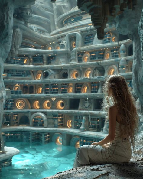 In the submerged caverns of New Atlantis, Sirena gazed upon the Aquatic Terraces, humanity’s last refuge. As the principal architect, her vision had given rise to these bio-luminescent chambers, harnessing the power of water to sustain life. Each terrace thrummed with the energy of hydrocores, beating like hearts beneath the sea. Orphaned by the rising tides, Sirena had vowed to create a haven for the survivors. Her hair, the color of sunlit reefs, was a reminder of the world above, now a my... Lost City Of Atlantis Aesthetic, Skin Of The Sea, Mermaid City, Atlantis Aesthetic, Atlantis Art, Kingdom Of Atlantis, Water Kingdom, Mermaid Island, Utopian Society