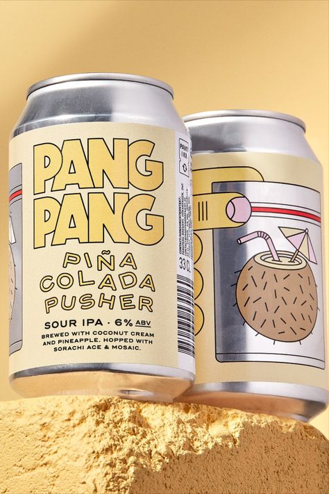 When beer packaging can break free from stereotypes and move into a space of visually compelling compositions with colors that aren't classically utilized, the result is mesmerizing. Jens Nilsson's packaging design for PangPang Pusher, a fruity sour beer series, moves away from rustic, classically masculine packaging for beer and moves into a space of vibrant colors, charming illustrations, and warm, legible typography. Coffee Beer Can Design, Seltzer Packaging Design, Soda Branding Design, Masculine Packaging, Beer Can Label, Polar Vintage, Soda Packaging, Label Layout, Beer Can Design