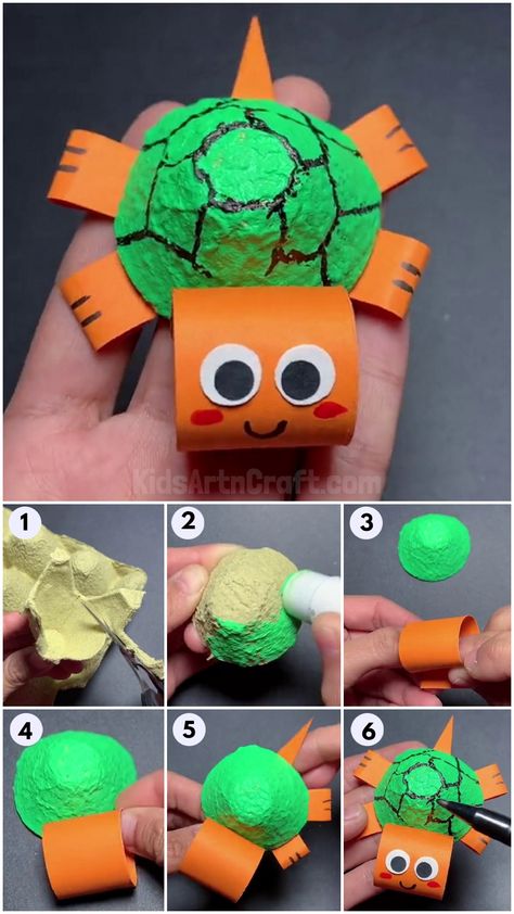 How To Make Egg Carton Turtle Craft For Kids - Kids Art & Craft Turtle With Egg Carton, Turtle Egg Carton Craft, Egg Carton Turtle, Junk Modelling For Kids, Animal Activity For Kids, Egg Box Craft, Diy Turtle, Turtle Craft, Recycling Crafts