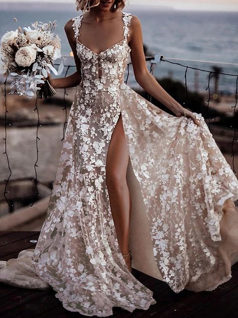 Beach Boho Wedding Dresses A-Line Sweetheart Regular Straps Court Train Lace Bridal Gowns With Appliques Split Front 2024 2024 - $323.99 Multiple Piece Wedding Dress, Boho Blush Wedding Dress, Fall Beach Wedding Dress, Beach Bridesmaid Dresses Boho, Nature Inspired Wedding Dress, Short Reception Dress For Bride, Wedding Dress Shopping Outfit, Hot Wedding Dress, Casual Boho Wedding