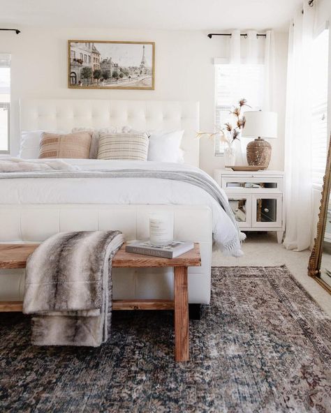 20 Awesome Farmhouse Master Bedroom Ideas Bedroom Rug Ideas, Modern Bedroom Rug, Dresser Decor Bedroom, Bedroom Inspirations Master, Rugs Direct, Farmhouse Bedroom Decor Ideas, Modern Farmhouse Bedroom, Blue Bedroom Decor, Bedroom Decor Inspiration