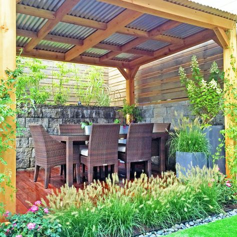 mix of grasses, cherry trees, bamboo, roses, trumpet vines, variegated irises, hydrangeas and sky pencil hollies. Instead of roses Brooklyn Backyard, Small Pergola, Steel Pergola, Cedar Pergola, Pergola Design, Backyard Pergola, Deck With Pergola, Pergola With Roof, Covered Pergola