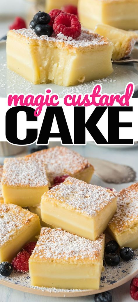 Magic happens in the oven when you make Magic Custard Cake! A simple mixture of milk, eggs, sugar, butter, vanilla, and flour is magically transformed into the multi-layer treat! #RealHousemoms #magic #custard #cake #custardcake #dessert Coconut Custard Cake Recipe, Custard Cake Filling Recipe, Evaporated Milk Desserts, Custard Cupcakes, Vanilla Magic Custard Cake, Vanilla Custard Cake, Custard Dessert Recipes, Egg Custard Recipes, Pie Squares