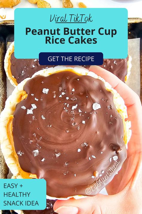 These viral chocolate peanut butter cup rice cakes are super easy to make and the perfect healthy treat! They taste like a crispy Reese's peanut butter cup and you only need 4 ingredient for this healthy snack. My kids beg me to make them for after school snacks and they're perfect to keep in the fridge for a healthy treat. You're going to love this super easy snack recipe! Rice Cake With Almond Butter, Lightly Salted Rice Cake Recipes, Chocolate Peanut Butter Rice Cake, Peanut Butter Chocolate Rice Cakes, Snacks With Rice Cakes, Rice Cake Toppings Healthy, Protein Rice Cakes, Healthy Rice Cakes, Healthy Rice Cake Snacks