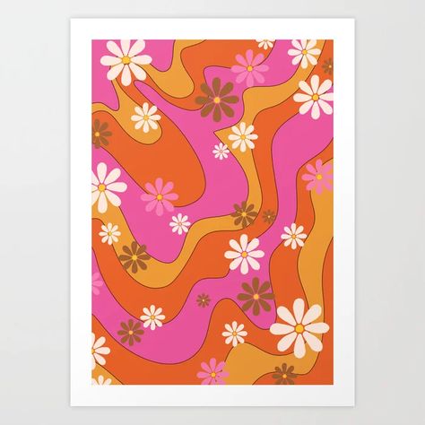 Groovy 60's and 70's Flower Power Pattern Art Print Flower Power Graphic Design, 70 Flower Pattern, Flower Power Painting, 70s Groovy Art, 70s Flower Wallpaper, 70 Flowers, Flower Power Aesthetic, 60s Flower Pattern, 60s Flowers