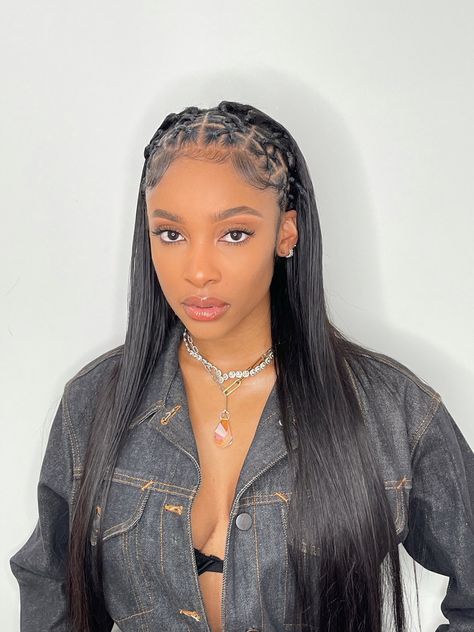 Half Sew In Half Cornrows, Half Sew In Half Braids, Half Braids Half Sew In Weave, Elastic Hairstyles, Band Hairstyles, Rubber Band Hairstyles, Hair Styles Braids, Straight Human Hair Bundles, Weave Ponytail Hairstyles