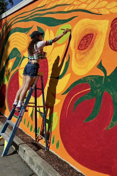 Agriculture Art Paintings, Cinder Block Mural, Community Garden Mural, Vegetable Mural, Brewery Mural, Outdoor Mural Ideas, Summer Mural, Food Mural, Backyard Mural