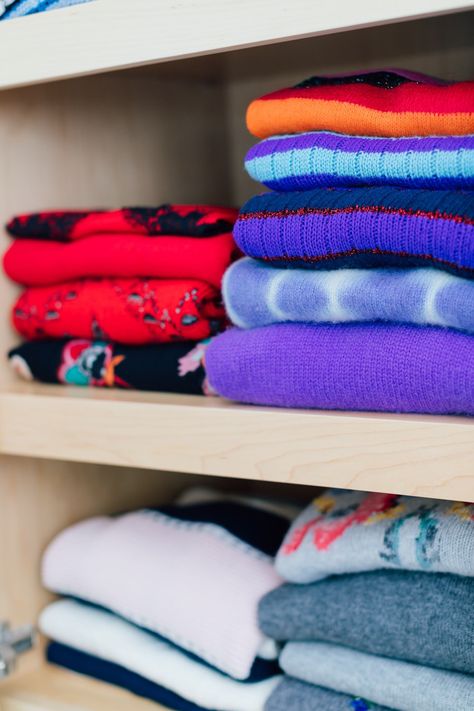 Sweater Folding — Next Level: Professional Organizing Fold Bulky Sweaters To Save Space, How To Fold Bulky Sweaters To Save Space, Folding Sweaters For Shelves, How To Store Sweatshirts, Sweater Storage Ideas, Sweater Folds, Folding Sweaters, Fold Sweaters, How To Fold Sweaters