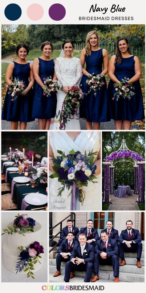 Navy blue bridesmaid dresses on sale under $100, in 600+ custom-made styles and all sizes, white bridal gown, navy blue groomsmen suits purple ties, navy wedding tablecloth and purple napkins, navy purple and white flower and greenery bouquet and wedding cake décor, wedding arch decorated with purple flowers. #colsbm #bridesmaids #bridesmaiddresses #weddingideas #bluewedding #navybluewedding #weddingties #weddingcake #weddingtablecloth #bouquet #weddingcenterpieces #navybluedress b2241 Navy Blue Purple And Rose Gold Wedding, Navy And Eggplant Wedding, Navy Blue And Plum Wedding Theme, Dark Blue And Dark Purple Wedding, Navy Blue And Purple Wedding Cake, Navy Blue And Lavender Wedding Ideas, Dark Purple And Navy Wedding, Blue Purple And Silver Wedding, Aubergine Wedding Theme