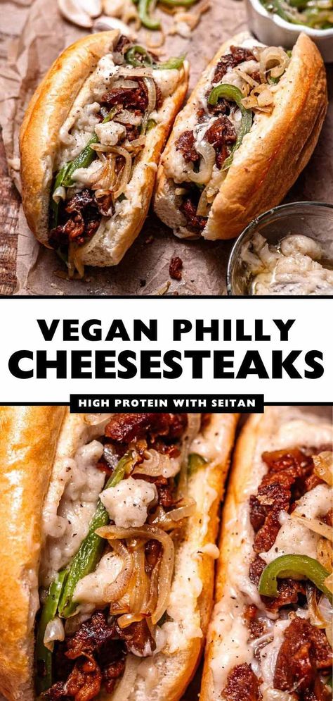 These are the absolute best vegetarian and vegan Philly cheesesteaks! These plant-based cheesesteaks are made with chewy, savory seitan beef, a dairy-free provolone cheese sauce, and lots of sautéed peppers and onions. The toasted crunchy yet fluffy hoagie is coated in a delicious garlic butter (vegan of course!). These veggie sandwiches are super simple to make, perfect for lunch or dinner. Quick Vegan Recipes Dinner, Dinner Ideas For Vegans, Yeast Free Dinner Recipes, No Dairy No Meat Recipes, Vegetarian List Of Food, Dairy Free Philly Cheese Steak, Family Dinner Recipes Vegetarian, Philly Cheese Steak Vegetarian, Vegetarian Sandwiches For Dinner