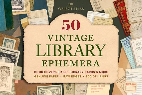 These vintage library ephemera will add intrigue to your dark academia projects. The bundle contains 50 high-resolution graphics, including book covers, library cards, ex libris plates, and Home Collage, Atlas Book, Library Cards, Apple Photo, Collage Elements, Art Du Collage, Buch Design, Collage Kunst, Vintage Library