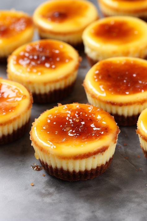 Cream Brulee Cheesecake Recipe, Homemade Mini Cheesecake, Vanilla Bean Creme Brulee Cheesecake Cupcakes, Vanilla Bean Crème Brûlée Cheesecake Cupcakes, Fancy Appetizers For Party Easy, Mini Creme Brulee Cheesecake, Cheesecake Brulee, Creme Brulee Cupcakes, Weird Desserts