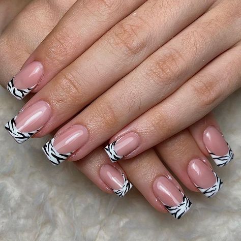 Zebra Tips Nails, French Tip Zebra Nails, Zebra Print French Tips, Zebra Tip Nails, Zebra Print French Tip Nails, Zebra French Nails, Zebra French Tip Nails, February Nails 2023, Zebra French Tip