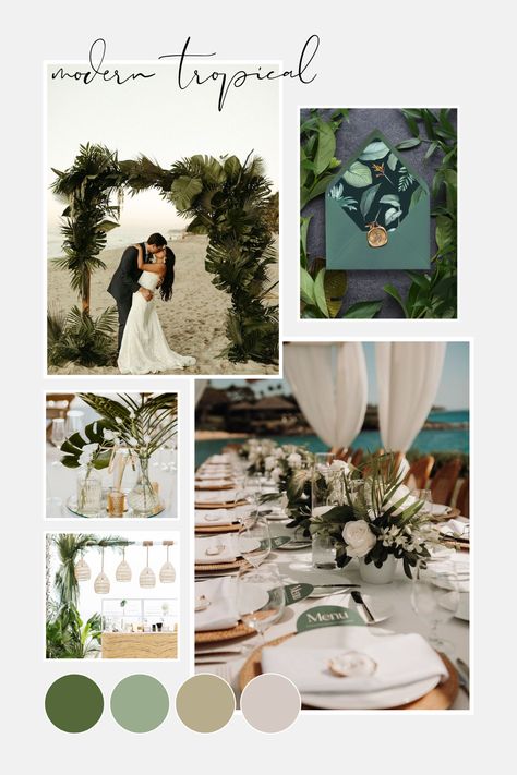 Olive Green Tropical Wedding, Beach Wedding Green Color Palettes, Ceremony Outdoor Decor, Tropical Aesthetic Wedding, Emerald Green Beach Wedding Theme, Modern Tropical Wedding Color Palettes, Dark Green Beach Wedding, Island Wedding Colors, Wedding Color Schemes Tropical