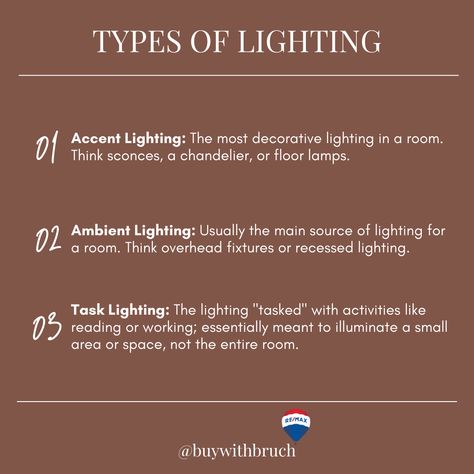 Deciding on light fixtures for your home can be complicated. If you’ve ever been to a lighting store, you know understand! But, to make things more simple, these are essentially the three main types of lighting:⁣ 1️⃣ Ambient lighting 2️⃣ Task lighting 3️⃣ Accent lighting ⁣ When redecorating a room the next time, remember most rooms have two types of lighting—sometimes all three. It's helpful to make a list of the rooms in your house and then determine the lighting you will need. 💡 Recess Lights, Lighting Diagram, Conceptual Architecture, Make A List, Warm Lighting, Design Basics, Lighting Design Interior, Interior Designing, Task Lighting