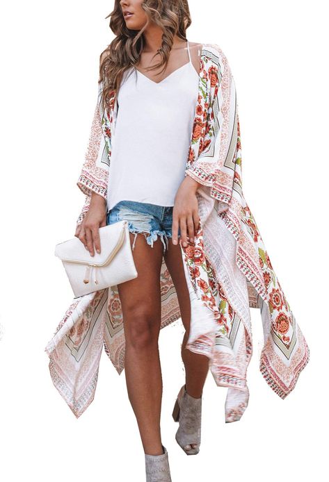 Long Floral Kimono, Kimono Beach Cover Up, Floral Kimono Cardigan, Loose Kimono, Sheer Chiffon Blouse, Sheer Swimsuit, Chiffon Tops Blouses, Kimono Blouse, Chiffon Kimono