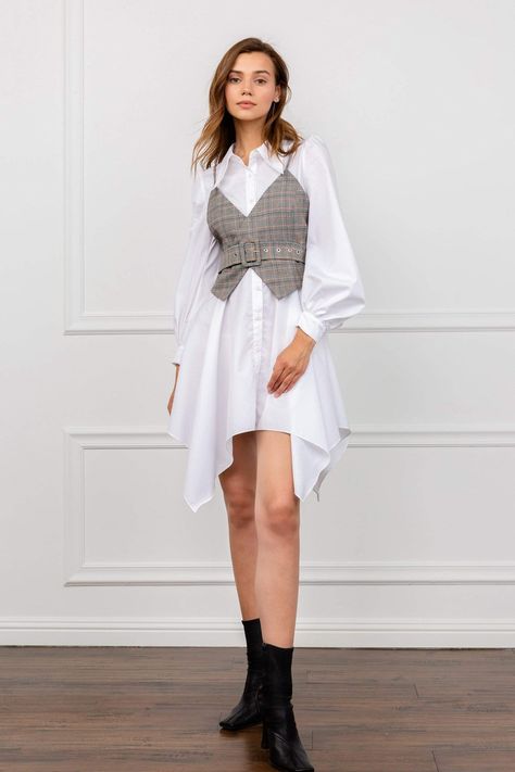 Tegan White, Shirt Under Dress, White Collared Blouse, Corset Vest, Collared Blouse, Linen Shirt Dress, Street Style Trends, Denim Shirt Dress, Summer Dress Outfits