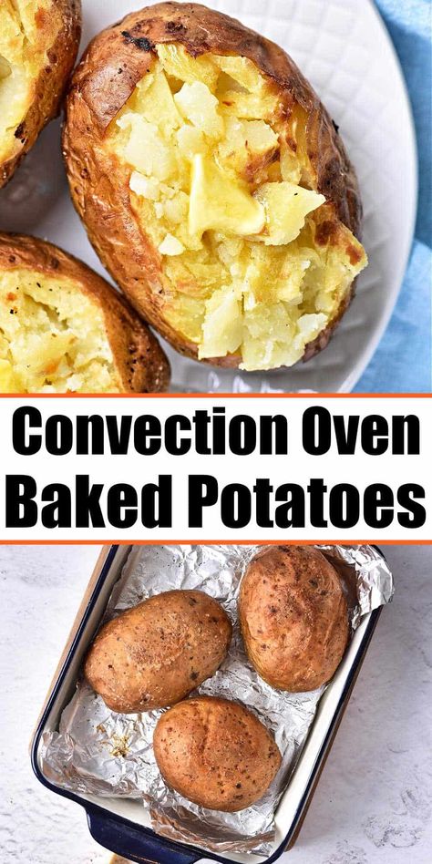 Baking a potato in a convection oven at 400 is the best. You'll get fluffy tender insides with crispy baked potato skins. Cheap side dish. Convection Baked Potato, Baked Potatoes In Convection Oven, Recipes For Convection Oven, Cooking With Convection Oven, Convection Oven Potatoes, Convection Oven Baked Potatoes, How Long To Bake A Potato In The Oven, Best Baked Potatoes In The Oven, Cook Potatoes In Oven