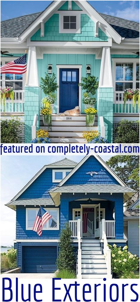 Play up the coastal vibe with these gorgeous colors for your home exterior. Shades of blue, including turquoise and pale sea green are the colors these houses are painted with. Featured on Completely Coastal. Get your house paint inspiration from this post! Includes link to a great house paint color guide! Turquoise Exterior House Paint, Coastal Exterior House Colors, Beach House Exterior Paint Colors, Beach House Exterior Colors, Blue Home Exterior, Blue Exterior House Colors, Exterior Beach House, Outside House Paint, Teal House