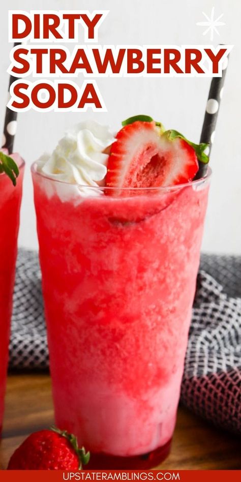 This Dirty Strawberry Soda recipe is a refreshing mocktail perfect for spring and summer. Creamy vanilla coffee creamer and strawberry soda create a fun drink! Fruity Tea Drinks, Strawberry Alcohol Drinks Easy, Old Fashion Soda Recipes, Dirty Drink Recipes, Red Bull Non Alcoholic Drink Recipes, Mormon Soda Recipes, Homemade Slushy Recipes, Dessert Drink Recipes, Dirty Soda Recipes Sprite