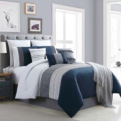 Hallmart Collectibles Hilden 10-Piece Queen Comforter Set In Navy/grey - Layer by layer, your bed will look stylish and feel oh-so cozy in the Hilden Comforter Set. Meticulous details on the comforter and shams enliven the atmosphere in your bedroom, while throw pillows serve as chic accents to this two-tone bedding set. Bedroom Comforter Sets, Layer By Layer, Blue Bedroom Decor, Hiasan Bilik, Coastal Bedroom, Island Paradise, Bedroom Color Schemes, King Comforter Sets, Comfortable Bedroom