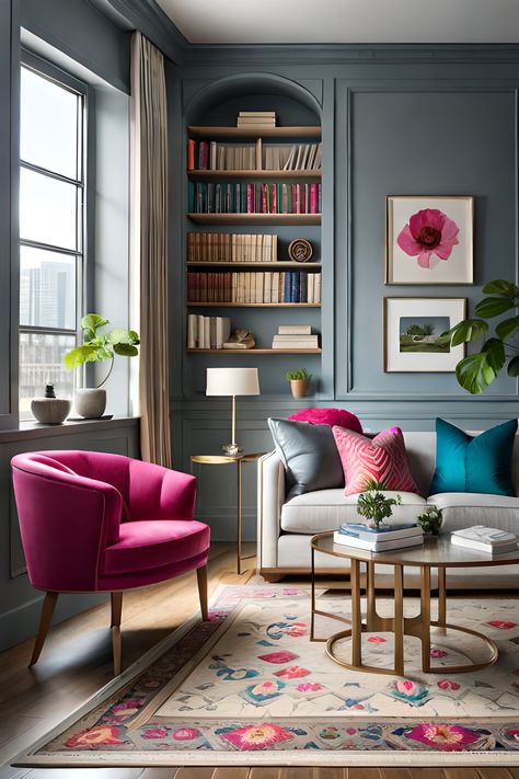 Sitting Area In Room Bedrooms, Traditional Living Room Grey Couch, Gray Sofa Blue Pillows, Furniture With Gray Walls, Pink And Blue Living Room Ideas, Gray And Pink Living Room, Pink And Blue Living Room, Sofa Colorful, Contemporary Eclectic Living Room