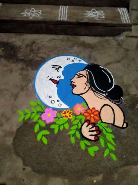 #Rangoli#drawing#moon#girl #love #kolam Rangoli Drawing, Colorful Rangoli, Moon Girl, Colorful Rangoli Designs, Rangoli Designs, Snoopy, Moon, Drawings, Fictional Characters