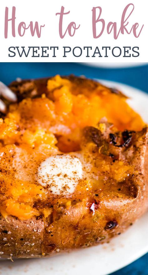 How to make the BEST baked sweet potatoes! We'll give you hints on how to get a crispy crust and fluffy potatoes inside. Plus the best sweet potato toppings! #potatoes #sweetpotatoes #bakedpotatoes #sidedish  via @tastesoflizzyt How To Make A Sweet Potato, Oven Baked Sweet Potatoes, Fluffy Potatoes, Potato Recipes Baked, Best Baked Sweet Potato, Sweet Potato Toppings, Best Sweet Potato, Sweet Potato Recipes Baked, Baked Sweet Potatoes