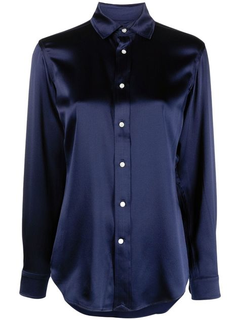 navy blue silk satin finish front button fastening classic collar long sleeves buttoned cuffs curved hem Blue Silk Shirt Outfit, Navy Silk Shirt, Sisters Outfits, Modern Preppy Style, Addison Aesthetic, Silk Shirt Outfit, Blue Silk Shirt, Rounded Wardrobe, Blue Candle