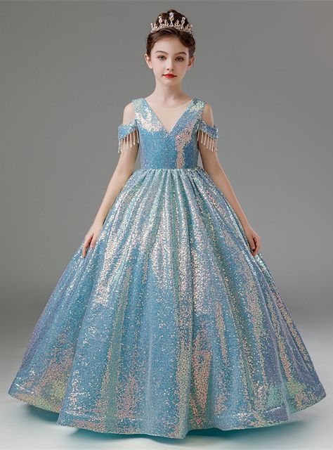 Fashion: #fashion, #style, #outfitinspiration, #beauty Kids Designer Dresses Indian, Dramatic Skirt, Kids Formal Dresses, Sequin Flower Girl Dress, Flower Girl Dresses Blue, Iridescent Fabric, Frock Designs, Turquoise And Pink, Kid Clothing