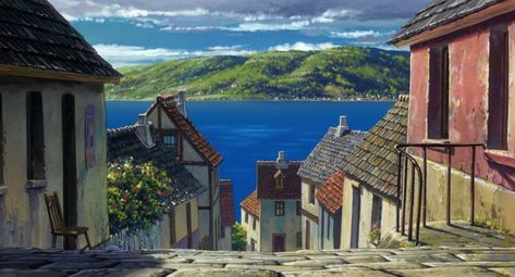 Ghibli Town and Perspective Studio Ghibli Town Aesthetic, A Town With An Ocean View, Ocean Town Fantasy Art, Fantasy Beach Town, Studio Ghibli Town, Ghibli View, Studio Ghibli Ocean, Ghibli Town, Town Reference