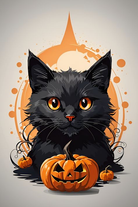 A picture of a black cat above a smiling pumpkin, great for a Halloween T-Shirt. Halloween Desenhos, Halloween Cat Drawing, Cat Drawing Illustration, Dibujo Halloween, Gato Halloween, Cat T Shirt Design, Image Halloween, Chat Halloween, Halloween Tattoo