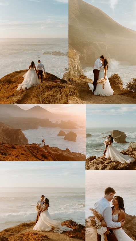 Wedding Picture Locations, Beach Cliff Wedding Photos, Elopement Ideas Pictures, California Elopement Photos, Sunrise Elopement Beach, Big Island Elopement, Wedding On A Cliff, California Engagement Shoot, Intimate Wedding Destinations