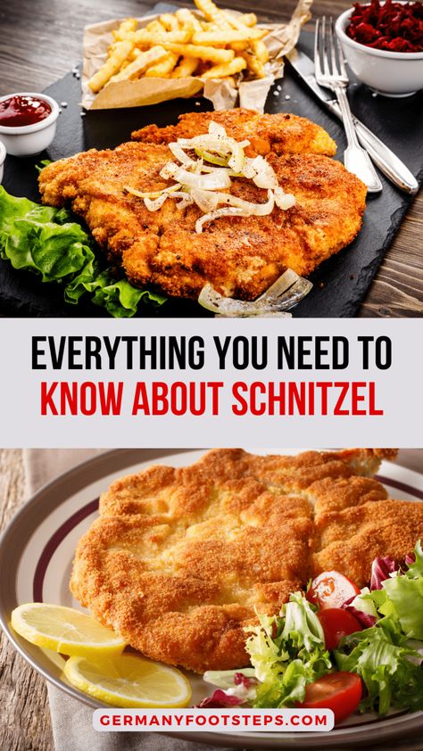 Learn all about the best and typical schnitzels in Germany so you'll know exactly what to order when you are traveling in Germany. Learn the history of the German Schnitzel, typical German Schnitzel sides and a top German Schnitzel recipe German Snitzel Dinner, German Schnitzel With Mushroom Gravy, German Meat Recipes, German Cooking Recipes, Yager Schnitzel Recipe, German Chicken Schnitzel, Schnitzel Sides, Austrian Schnitzel, Authentic German Schnitzel Recipe